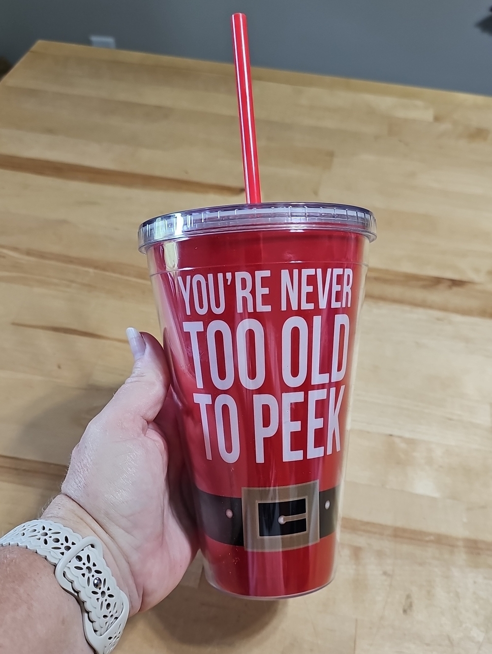 NWT Santa Belt Tumbler With Straw You're Never Too Old To Peek Christmas Cup 24o